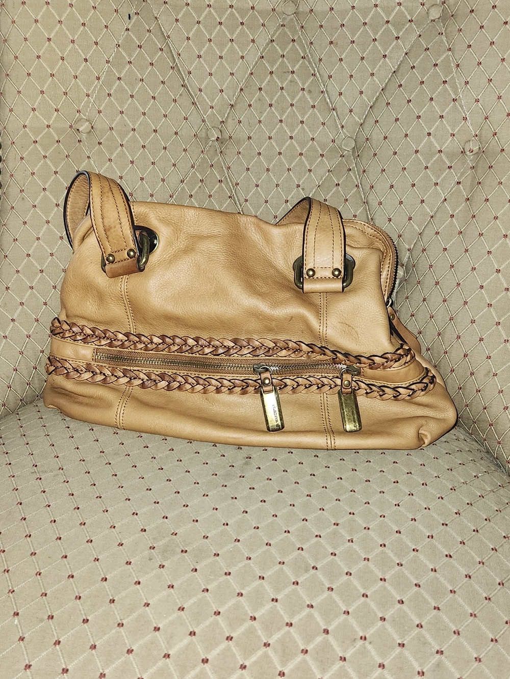 b. makowsky Tan Braided-Trim Shoulder Bag